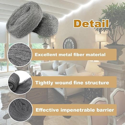 3 Pack Steel Wool Mice Control 3.2" x10.5Ft Hole Filler, for Home & Garage, DIY Bundle with Gloves & Scissors