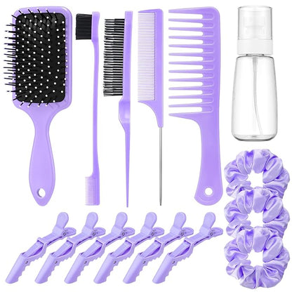 15 Pcs Slick Back Hair Brush Set, Bristle Comb with Spray Bottle,Hair Clip,Edge Brush for Women, Men (Purple)