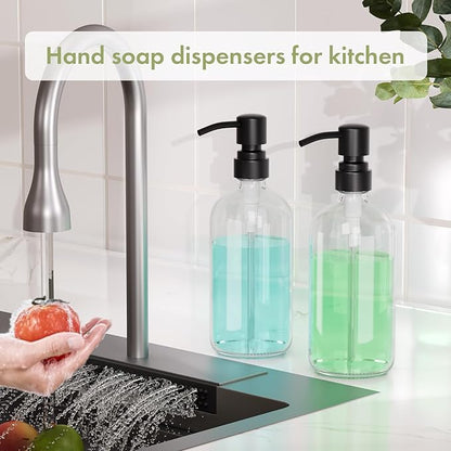 Amazer 2 Pack Kitchen Scrub Dish Brushes, 2 Pack Glass Soap Dispenser with Pump Stainless Steel, for Sink, Pots, Pans
