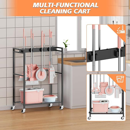 Broom and Mop Holder, MUNNAR Broom Closet Storage Cabinet, Cleaning Cart with Broom and Mop Hanger, Janitorial Cart with Wheels for Household, Laundry Room Organization