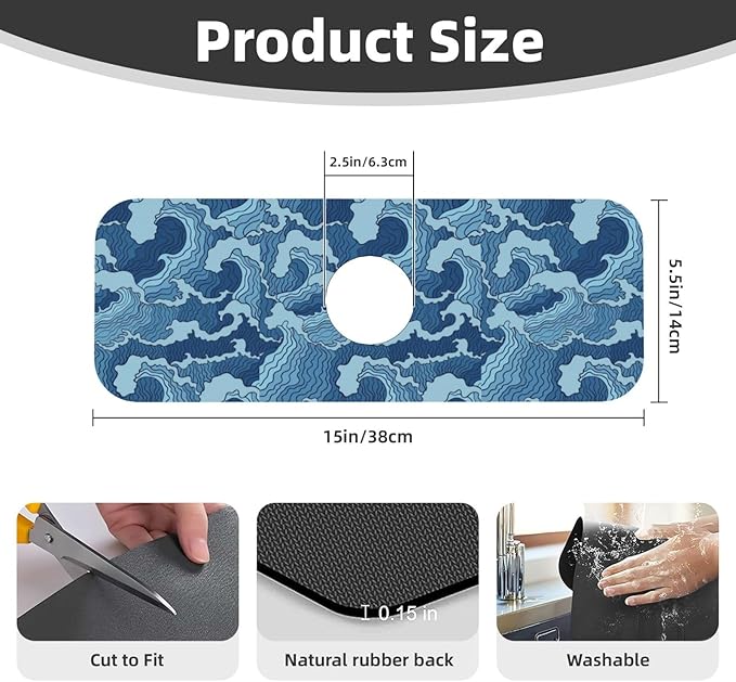 Waves Japan Blue 15" X 5.5" Kitchen Sink Splash Guard Faucet Faucet Guard Draining Mat Sink Splash Guard Faucet Kitchen Bathroom