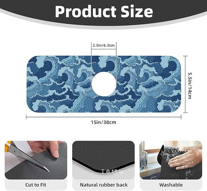 Waves Japan Blue 15" X 5.5" Kitchen Sink Splash Guard Faucet Faucet Guard Draining Mat Sink Splash Guard Faucet Kitchen Bathroom