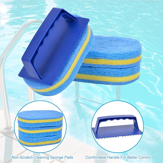 4Pcs Handled Pool Scrubber Brush - Pool Scrub Brush Set with 3 Thicker Replaceable Sponge Pads, Non-Scratch Pool Bathroom Cleaning Brush for Swimming Pool Step Liner, Shower Tile, Bathtube