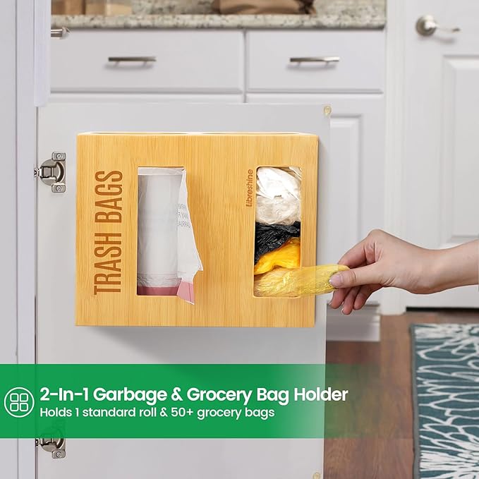 Libreshine Dual Roll Bamboo Trash Bag Dispenser & Grocery Bag Holder, 2-Compartment Organizer for 13–33 Gallon Rolls (Fits Up to 5.2”Dia), Wall Mount or Under Sink, Stackable Storage