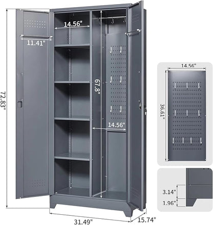 72" H Tall Metal Storage Cabinets, Freestanding Broom Closet Storage Cabinet with Locking Door for Cleaning Tool, Large Garage Cabinet Tool Organizer Storage Cabinet for Office, Grey