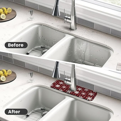 Snowflake Christmas Red Buffalo Plaid Kitchen Sink Splash Guard Faucet Mat Super Absorbent Fast Drying Mat Sink Gadgets-Fast Drying Pad Sink Mat For Kitchen Bathroom (15" X 5.5" )