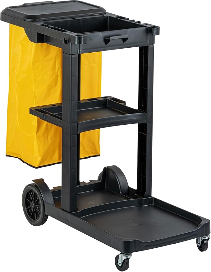 Restaurantware-Clean Tek Professional Janitor Cart with Wheels, 1 Cleaning Trolley with Cover and 18 Gallon Bag - 3 Shelves, Heavy-Duty, Black Plastic Commercial Janitorial Cart, for Restaurants