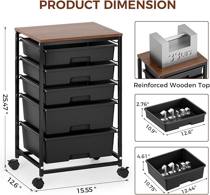 SYKIARIOL 5-Tier Rolling Utility Storage Drawer Craft Cart on Wheels with Wooden Tabletop, Mobile Craft Storage Drawer Cart Trolley for Home Office, Classroom, Craft Room & Kid Room, Black