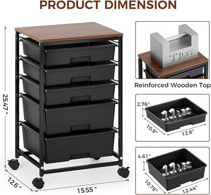 SYKIARIOL 5-Tier Rolling Utility Storage Drawer Craft Cart on Wheels with Wooden Tabletop, Mobile Craft Storage Drawer Cart Trolley for Home Office, Classroom, Craft Room & Kid Room, Black