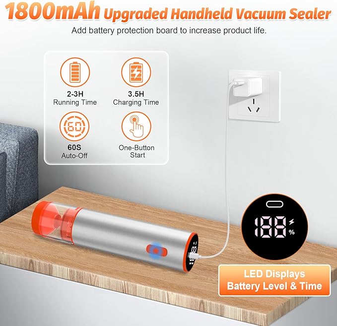 Handheld Vacuum Sealer, Portable Cordless Food Sealer with 60kPa Suction, Rechargeable Mini Vacuum Sealer for Food Storage, Sous Vide, Mason Jars - Includes 10 Reusable Bags