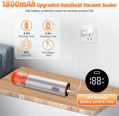 Handheld Vacuum Sealer, Portable Cordless Food Sealer with 60kPa Suction, Rechargeable Mini Vacuum Sealer for Food Storage, Sous Vide, Mason Jars - Includes 10 Reusable Bags