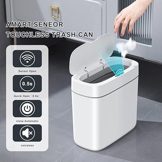 funest Bathroom Trash Can with Lid, 3.2 Gallon Automatic Touchless Garbage Can,Slim Motion Sensor Narrow Trash Basket for Bathroom, Bedroom, Laundry, Office,RV White
