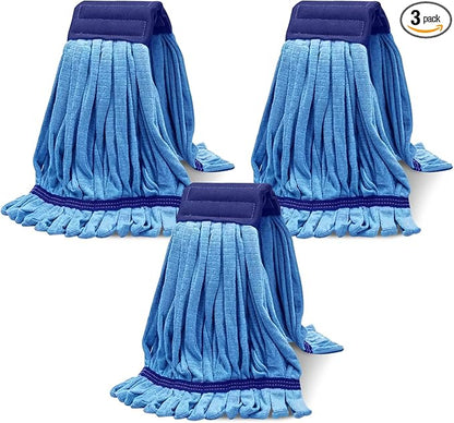 Heavy Duty Commercial Mop Head Replacement Microfiber Tube Mop Heads for Floor Cleaning: 3 Packs Looped End Wet Mop Head Refill for Home Commercial Industrial Use (Blue)