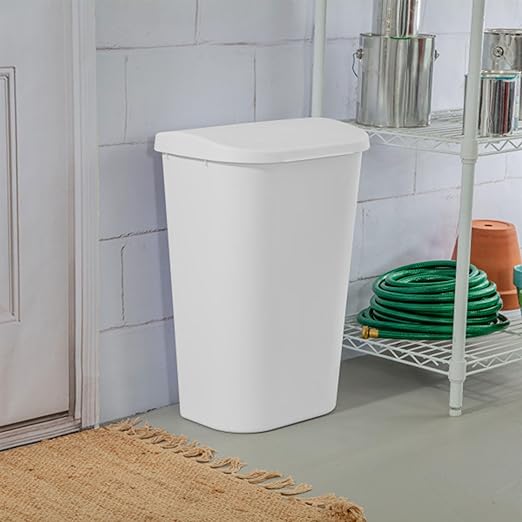 Sterilite 11.3 Gallon D Shape Flat Side Lift Top Lid Wastebasket Trash Can for Kitchen, Home Office, and Garage, or Workspace, White (12 Pack)