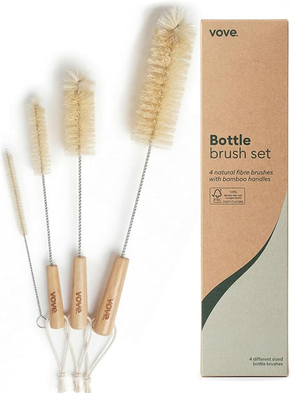 Vove Bottle Brush Set, 4 Natural Sisal Bottle Brushes with Long Bamboo Handles, Plastic-Free Bottle & Straw Cleaner Set, Zero Waste, Stainless Steel Wire, FSC Certified Bamboo, Kraft Packaging