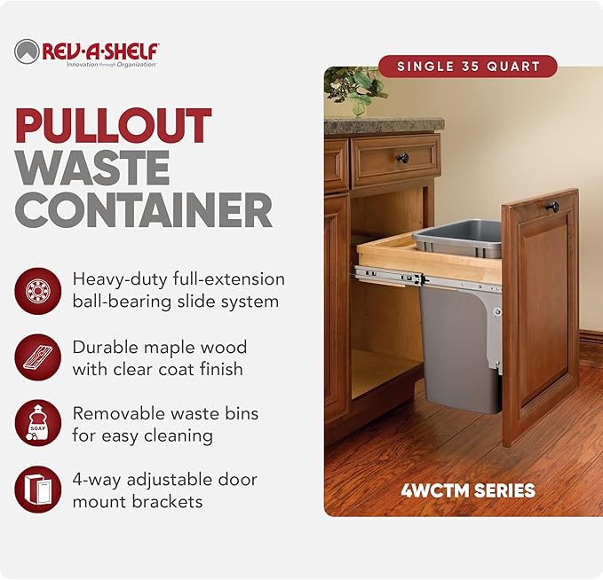Rev-A-Shelf Top Mount Single Pullout Under Cabinet 35 Quart Kitchen Trash Can w/Storage & Reduced Depth, 150 Pound Rated Full-Extension Slides, 4WCTM-1816DM-1