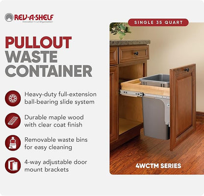 Rev-A-Shelf Top Mount Single Pullout Under Cabinet 35 Quart Kitchen Trash Can w/Storage & Reduced Depth, 150 Pound Rated Full-Extension Slides, 4WCTM-1816DM-1