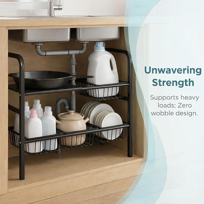 Expandable Under Sink Organizer 26.8 to 35.8 Inches Wide, 2 Tier Carbon Steel Storage Rack for Double Sink Cabinet, P-Trap and Garbage Disposal Friendly, No Tools Required (White)