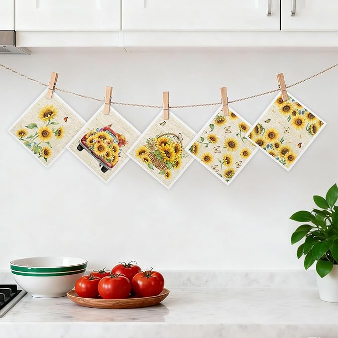 5 Pack Mixed Colorful Sunflower Swedish Kitchen Dishcloths Dish Towels, Farmhouse Sunflower Dish Towels, Swedish Dishcloth, Paper Towels Reusable, Dish Cloth Towel Cleaning Wipe for Kitchen