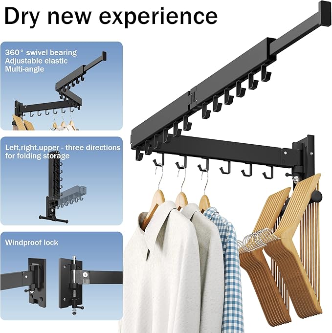 LIENAHU Clothes Drying Rack Wall Mounted(can fold Upward),Laundry Drying Rack,Laundry Room Organization,Wall Mounted Laundry Rack Folding,Retractable Clothing Rack,Collapsible Clothes Hanging Rack