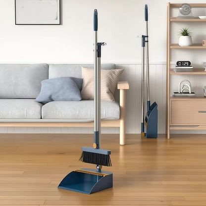Broom and Dustpan Set, Long Handle Standing Broom with Self-Cleaning Comb Teeth, Heavy Duty Broom Dustpan Combo for Home Kitchen Office Floor Pet Hair Cleaning (Gray)