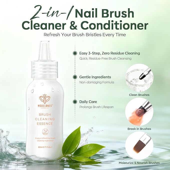 Modelones Nail Art Brush Cleaner & Restorer for Nail Polish/Extension Gel/Solid Builder Gel/Dip Powder/Acrylic with nail art brush Manicure Kits DIY Salon at Home - 80ml, W/Pro Brush