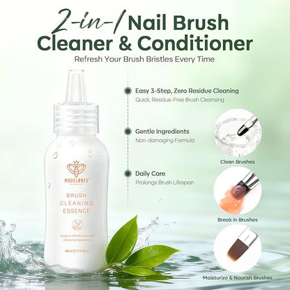 Modelones Nail Art Brush Cleaner & Restorer for Nail Polish/Extension Gel/Solid Builder Gel/Dip Powder/Acrylic with nail art brush Manicure Kits DIY Salon at Home - 80ml, W/Pro Brush