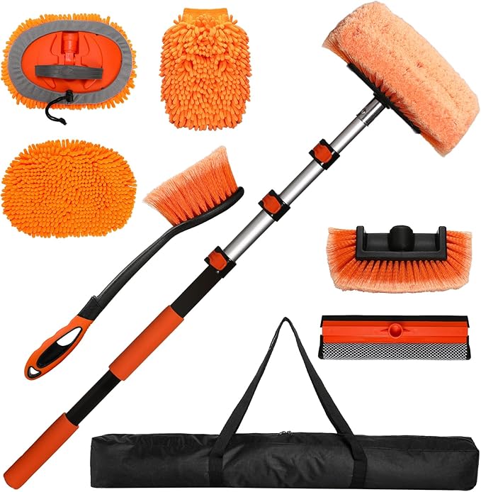 Truck Wash Kit with Long Handle, 12FT Extension Pole with Car Wash Brush, Mop & Window Squeegee, Exterior Cleaning Kit for RV, Large Truck & Car, Includes Wheel Brush, Wash Mitt & Storage Bag