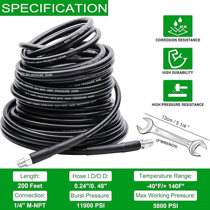 West Bay 200FT Sewer Jetter Kit for Pressure Washer, 5800PSI Drain Cleaner Hose 1/4 Inch NPT, Corner, Rotating and Button Nose Sewer Jetting Nozzle Waterproof Tape Pearl Corsage Pin with 2Pcs Spanner
