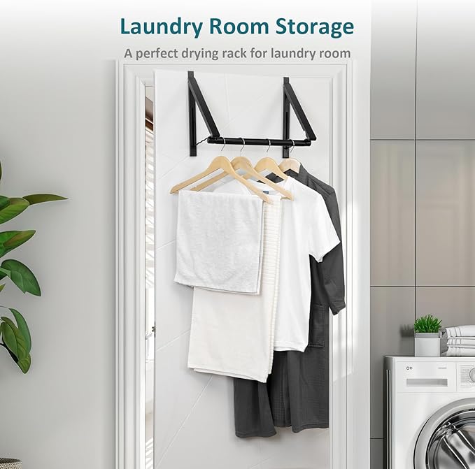 Optish Foldable Over The Door Clothes Hanger, Drying Rack for Coat, Space Saving Small Clothes Rack Door Hangers for Clothing, Black