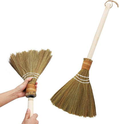 Asian Small Broom, Natural Hand Short Brooms with Wood Handle for Sweeping Indoor Home and Yard