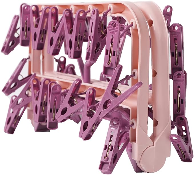 Foshine Clothes Drying Racks Foldable Clip Hangers Plastic with 32 Drying Clips Wind-Proof Hook Underwear Hanger for Socks Bras (Pink)