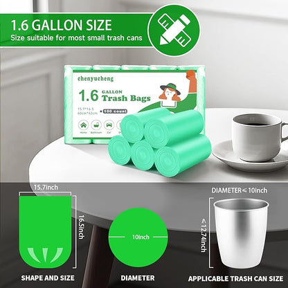 1.6 Gallon Mini Trash-Bags For Bathroom Compostable - Green Small Garbage Bags（Fit 1.3-1.5Gal）Biodegradable 100 Count 6 Liter Unscented Tiny Waste Basket Liners Kitchen Office Car Thick Chenyucheng