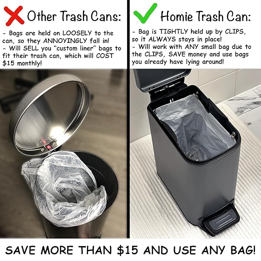 Homie Soft Close, Slim Trash Can 6 Liter / 1.6 Gallon with Anti - Bag Slip Liner and Lid, Use as Mini Garbage Basket, Slim Dust Bin, or Decor in Bathroom, Restroom, Kitchen, or Bedroom (Matte Gray)
