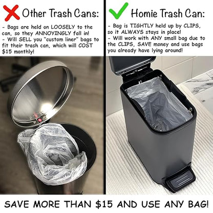 Homie Soft Close, Slim Trash Can 6 Liter / 1.6 Gallon with Anti - Bag Slip Liner and Lid, Use as Mini Garbage Basket, Slim Dust Bin, or Decor in Bathroom, Restroom, Kitchen, or Bedroom (Matte Gray)