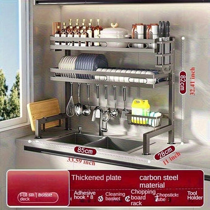3-Tier Over Sink Dish Draining Rack Adjustable Width and Height with Phone Holder Cup Holder, Knife and Chopstick Holder, Cutting Board Rack, Space-Saving Rack