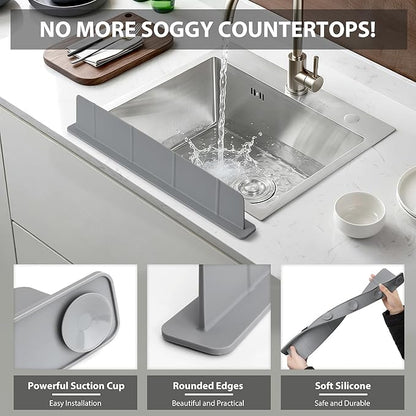 20Inch Silicone Sink Splash Guard with Strong Suction Cups, Flexible Kitchen Sink Splash Guard for Front of Sink, Easy to Clean Splash Guard for Kitchen & Bathroom (Dark Grey, 20.5''x2.8'')