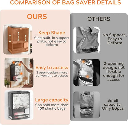 Plastic Bag Holder, Grocery Bag Holder with Trash Bag Roll Dispenser, Wall Mounted Soft Fabric Trash Bag Dispenser (Not Rigid), 14.6" L × 7.7" W × 19.3" H, for Kitchen Pantry Laundry Garage, Gray