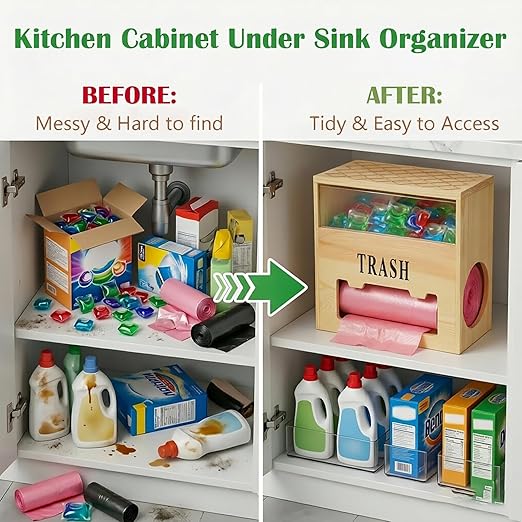 Wooden 2-in-1 Trash Bag Dispenser & Dishwasher Laundry Pods Container, Large Trash Bag Holder with Magnetic Flip Lids, Garbage Bag Dispenser for Kitchen Pantry Laundry Room Under Sink Organizer