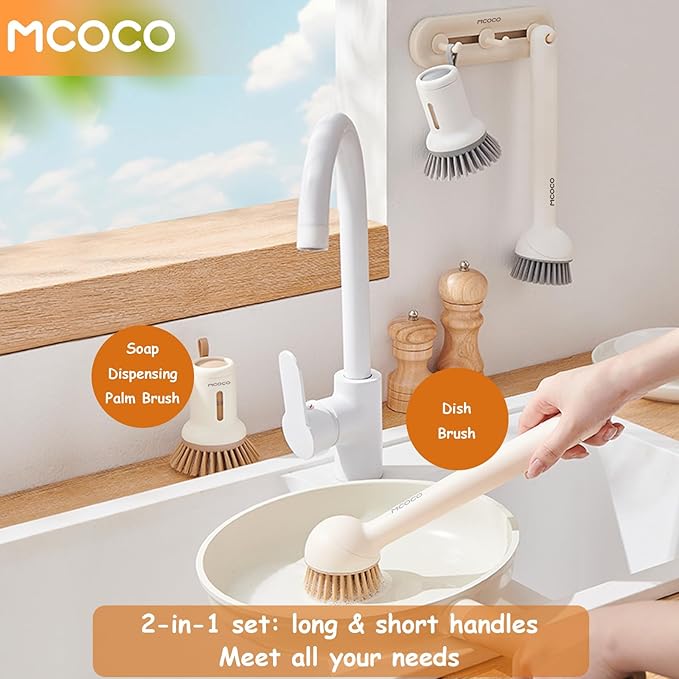Dish Brush Set with Soap Dispensing Palm Brush Dish Scrub Brush with Soap Dispenser Palm Dish Brush Kitchen Cleaning Brush with Ergonomic Long Handle for Cleaning Sink, Pot, Pan, Stove, White
