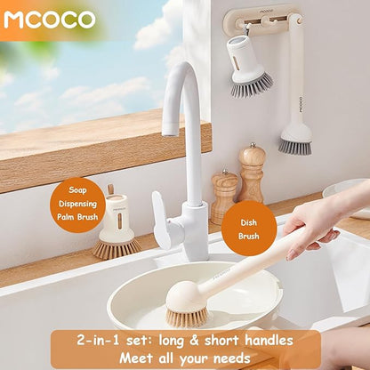 Dish Brush Set with Soap Dispensing Palm Brush Dish Scrub Brush with Soap Dispenser Palm Dish Brush Kitchen Cleaning Brush with Ergonomic Long Handle for Cleaning Sink, Pot, Pan, Stove, Yellow