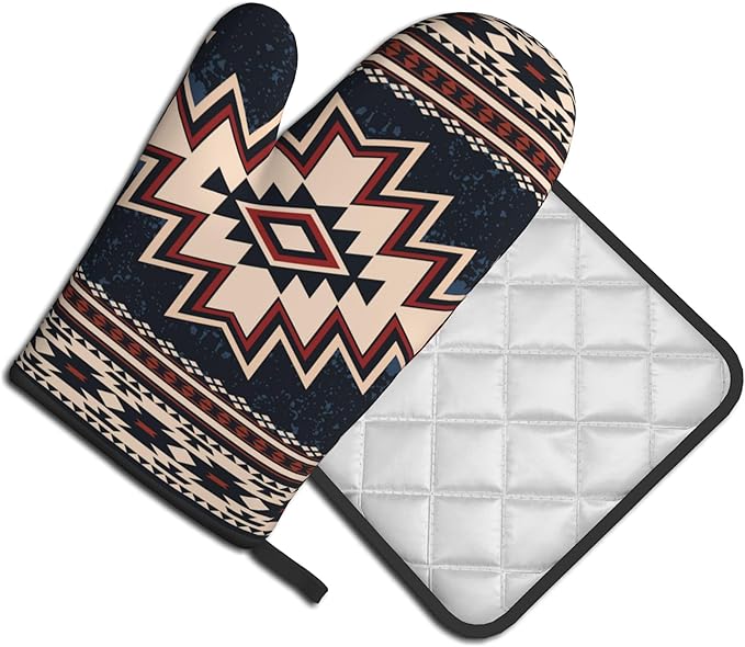 Oven Mitt and Pot Holders Sets - Boho Kitchen Mitts Decorative Tribal Oven Gloves Bohemian Hot Pads Set of 2 for Cooking BBQ Baking Grilling