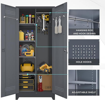 72.8" H Metal Broom Closet Storage Cabinet with 2 Doors and 4 Adjustable Shelves,Locking Storage Cabinets for Garage,Laundry Room,Grey