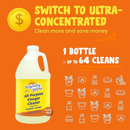 Originally Yellow Lemon Vinegar For Cleaning Purpose | USA Made All Purpose Cleaner | Use as a Floor, Glass, Kitchen, & Bathroom Cleaner | Plant Derived Vinegar Half Gallon | 64 Oz