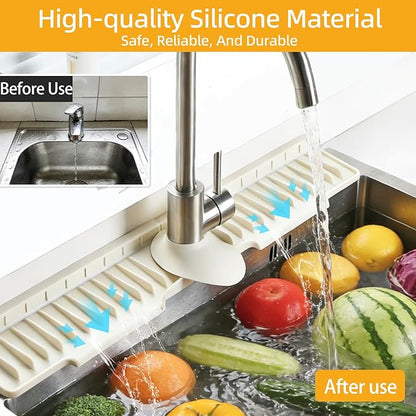 24" Silicone Sink Mat for Kitchen(Released in 2026) – 8° Slope for Quick Self-draining,Sink Splash Guard Behind the Faucet for Kitchen&Bathroom Area, Narrow Water Splash Guard Easy to Clean (Beige)