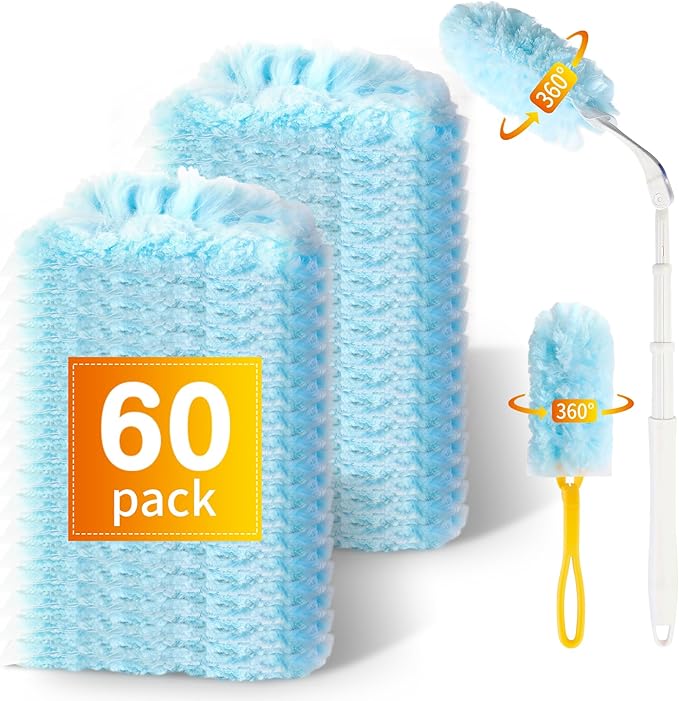 Heavy Duty Duster Refills for Swiffer Duster, Multisurface 360 Dusters with 3ft Extendable Handle and 1 Short Handle, 5X Microfiber Duster Disposable for Dusting Furniture Blinds Fans Walls (60 Count)