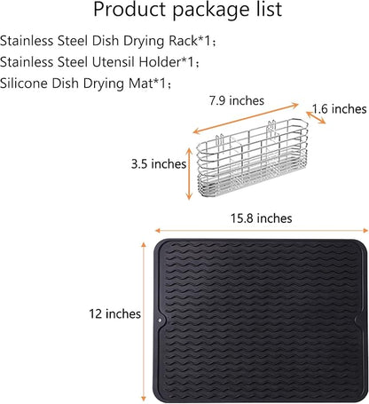 NiuYichee Stainless Steel Dish Drying Rack(15.2"L X 13"W X 5.8"H), Expandable Fruit & Vegetable Drain Rack over Sink, Dish Drainer Rack in Sink, with Stainless Steel Utensil Holder & Silicone Mat(16")