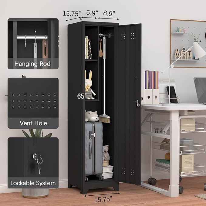 GREATMEET Broom Closet Storage Cabinet, Slim Metal Utility Cabinet, Tall Laundry Room Cabinet for Shop, Living Room, Office, Black
