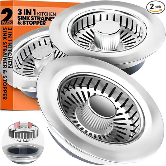 Kitchen Sink Drain Strainer & Sink Stopper, Upgraded 3 in 1 Stainless Steel Drain Plug Combo with Anti-Clog Basket, Pop Up Drain Cover for Standard 3-1/2'', Fits Double Bowl Kitchen Sinks