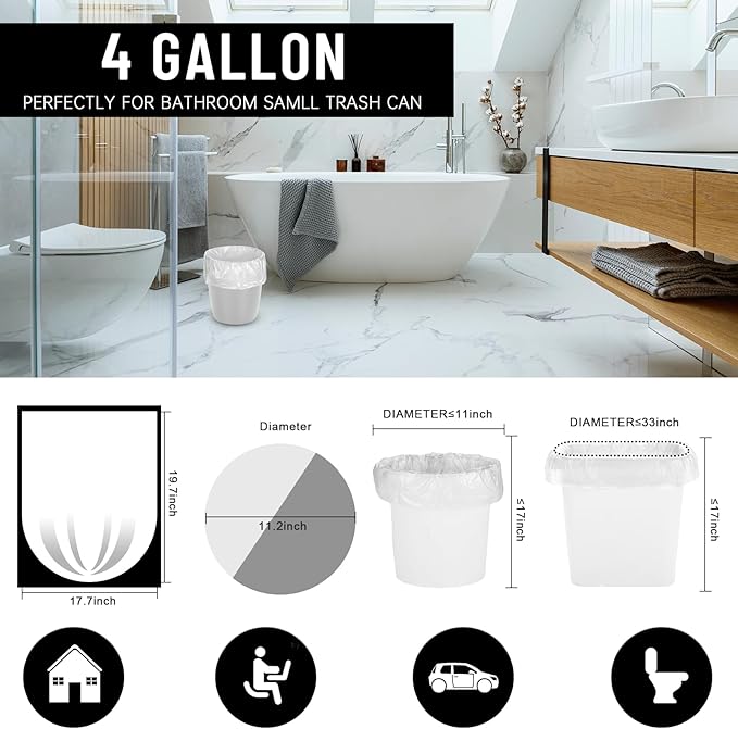Small Trash Bags 4 Gallon, Flexible & Durable Small Garbage Bags, Unscented & Easy Tearing Bathroom Trash Bag for Kitchen, Bathroom, Bedroom, Office, Transparent, 330Counts, 0.3Mil